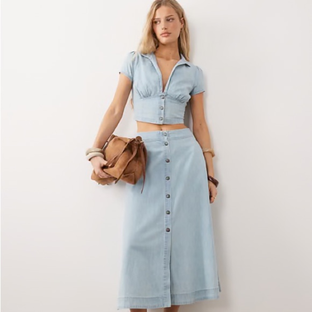 Free People easy does it denim blouse and midaxi skirt set in ice crush, XL